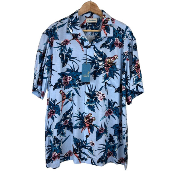 Caribbean Toucan Hawaiian Camp Shirt Men's Size L Blue Hibiscus Button Up NWT - Picture 2 of 9